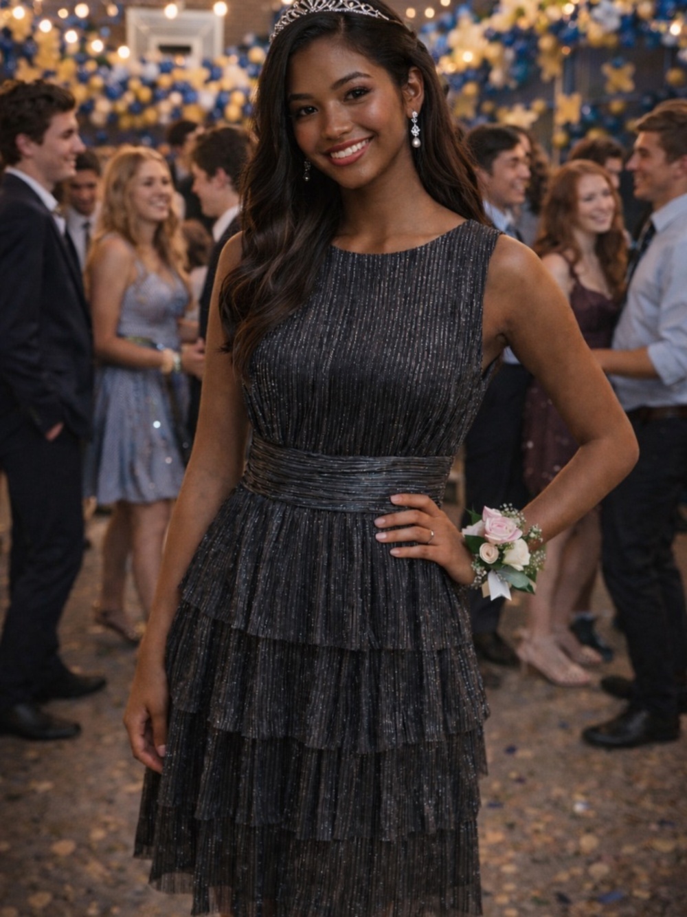 Connected Apparel Black Tiered Shimmer Dress | Size S